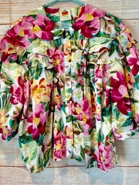 FARM Rio Pink Floral Ruffle Puff-Sleeve Blouse